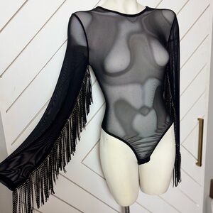 Missguided | Mesh Black Bodysuit with Fringe Sleeves | Size 0
